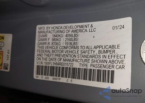 2024 Honda Civic Sport Touring из США, поврежденный, VIN 19XFL1H84RE015722